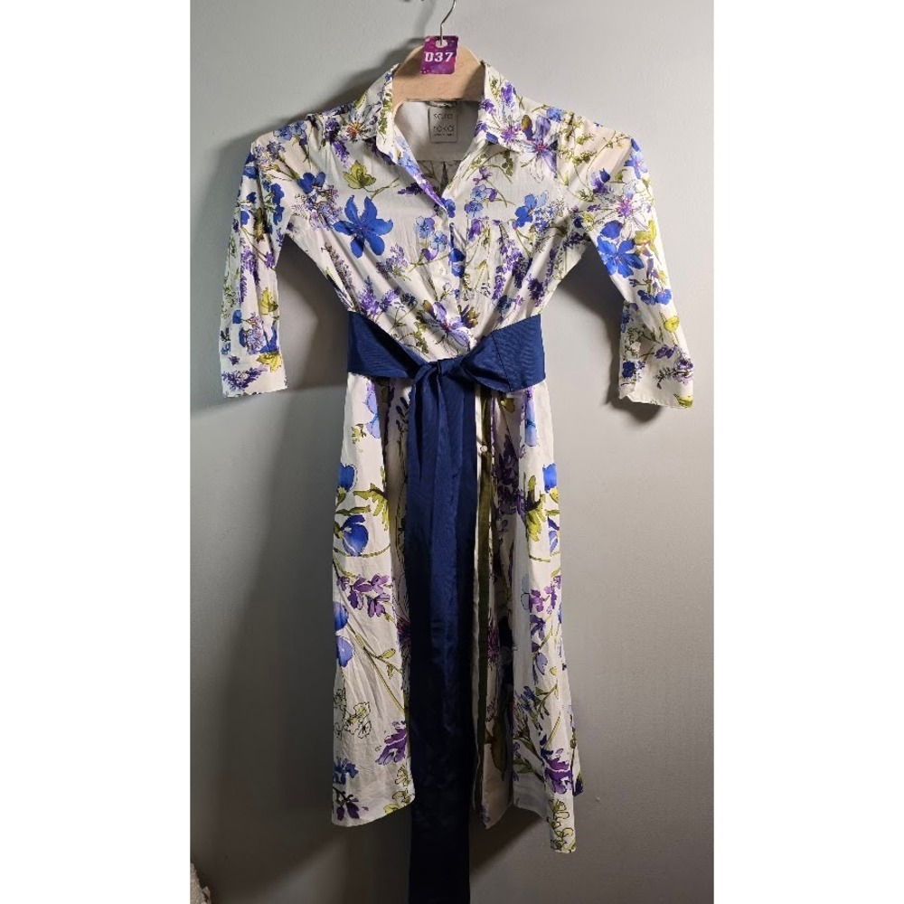 Sara Roka Womens Floral Shirt Dress White Blue Purple Belted Made in Italy IT 44